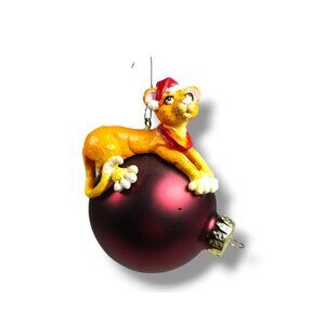 Vintage Russ Berrie Yellow Cat Christmas Ornament With Santa Hat On Red Ball